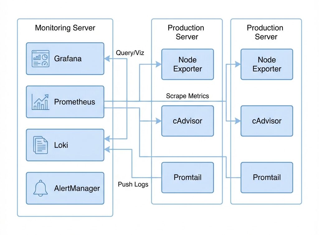 Architecture de la stack Prometheus + Grafana + Loki avec serveur central et agents
