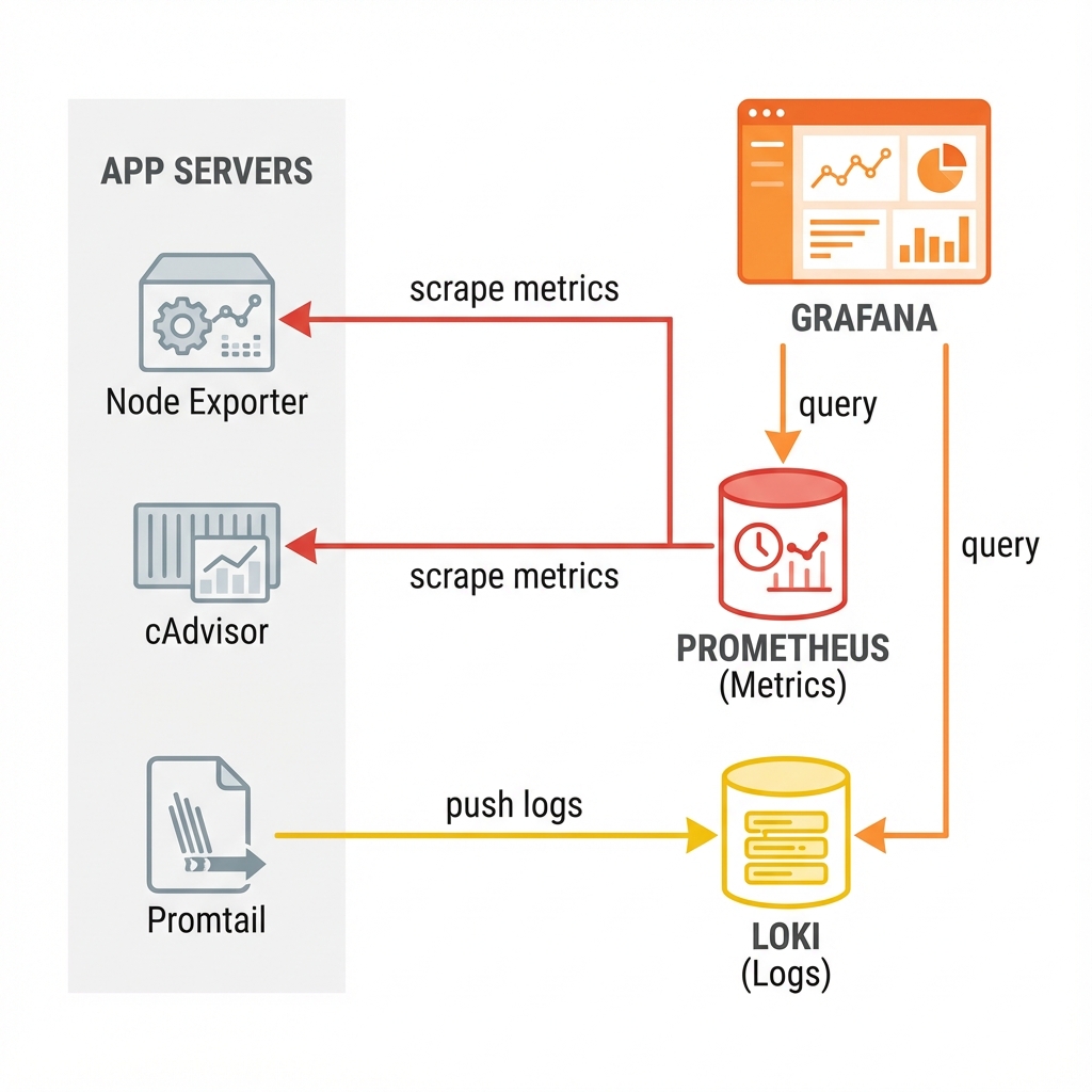 Architecture Monitoring : App Servers (Node Exporter + cAdvisor + Promtail) → Prometheus + Loki → Grafana Dashboards