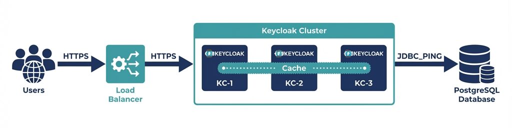 Architecture Keycloak HA : Users → Load Balancer → Keycloak Cluster (3 nœuds avec cache Infinispan) → PostgreSQL