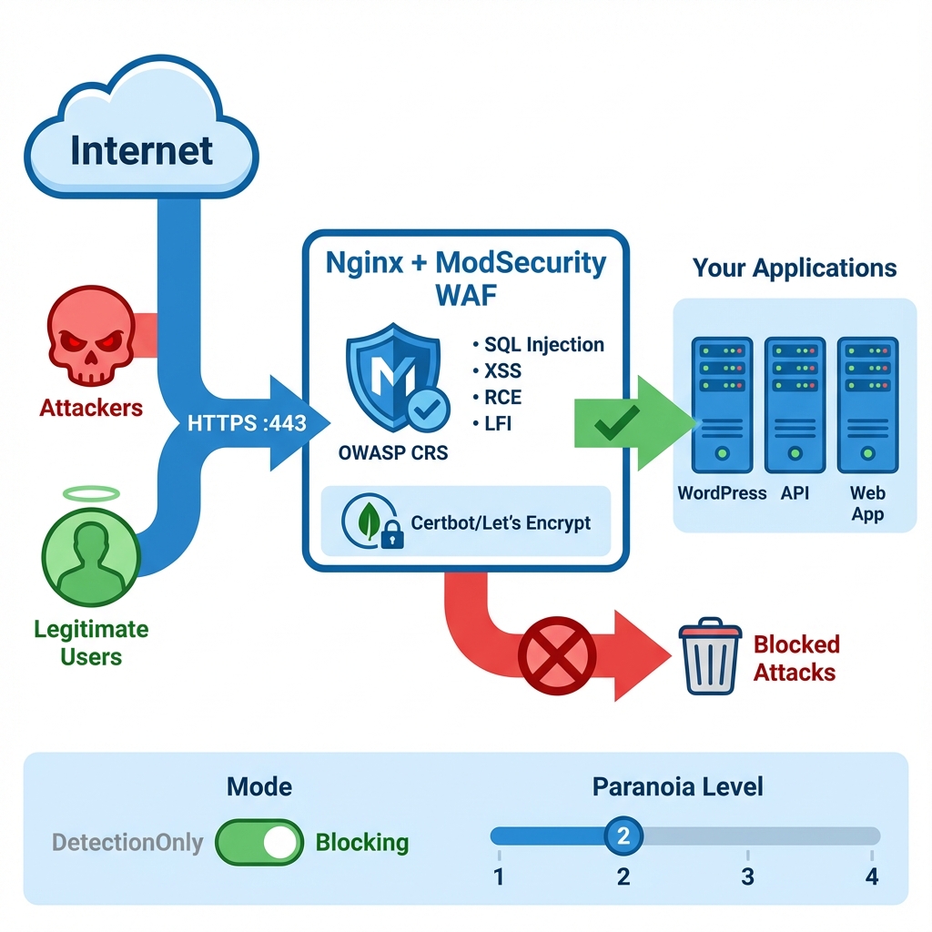 Architecture WAF : Internet (Attackers + Users) → Nginx ModSecurity avec OWASP CRS → Applications Backend