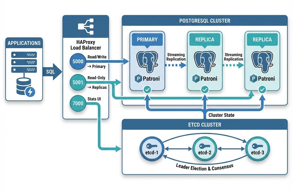 Architecture PostgreSQL HA : Applications → HAProxy (5000 R/W, 5001 R/O) → PostgreSQL Primary + Replicas avec Patroni → etcd pour le consensus